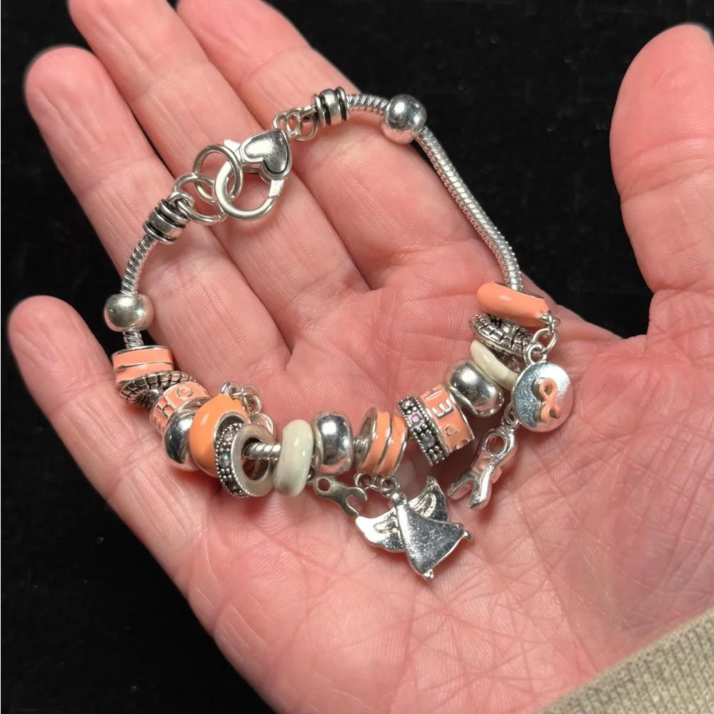 Breast Cancer‎ Awareness Charm Bracelet Silver Tone and Pink Charms